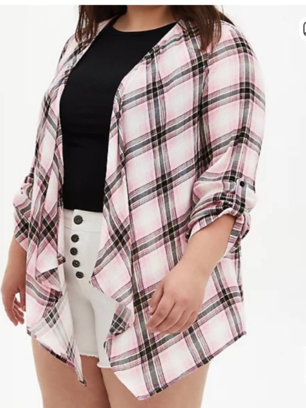 Torrid Size 1 Plaid Open Front Kimono Cardigan Pink Gauze Drape Roll Tab 1x Boho